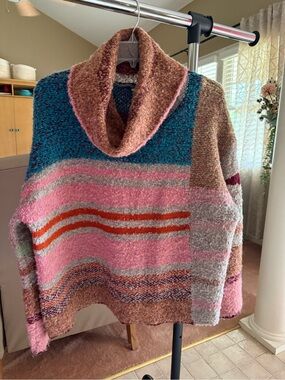 easel Multicolor Striped Cowl Neck Sweater — Pink, Teal, Brown
